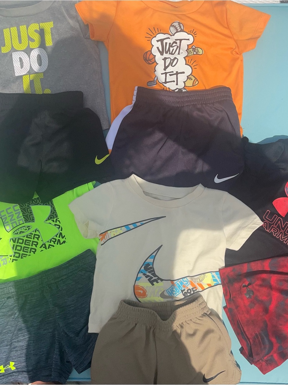 Nike and UA Graphic Tee & Athletic Shorts Set - Orange, White, Black, Neon Green